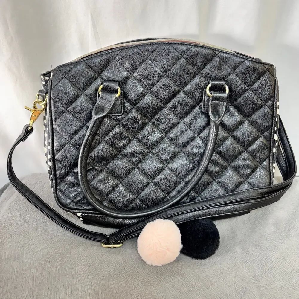 Betsey Johnson Black & Pink Quilted Satchel Gold Tone Accents Pom Pom Bag Charm